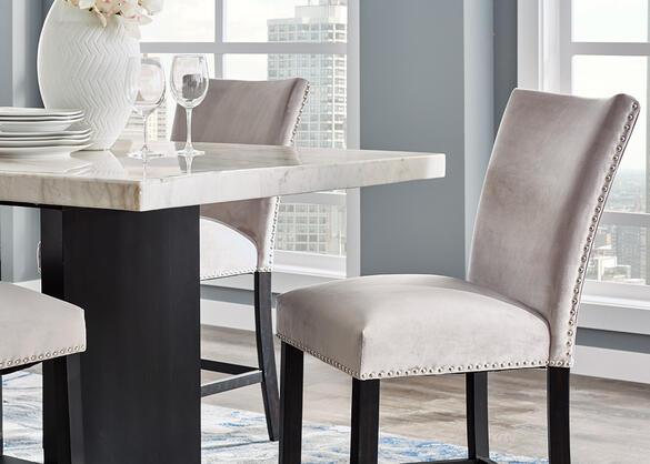 Marble Counter Table with Gray Chairs